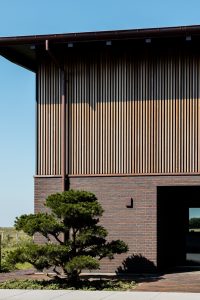 Façade moderne signée WoodUpp : bardage à lames verticales en bois clair couvrant l'étage, corniche et gouttière foncées, mur bas en brique et une terrasse en lames WoodUpp au rez-de-chaussée. Devant, un pin taillé en nuage projette son ombre sur l'entrée.